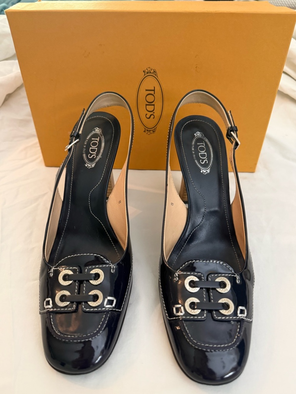 Tod's Navy Patent Leather Slingback Heels with Silver Hardware